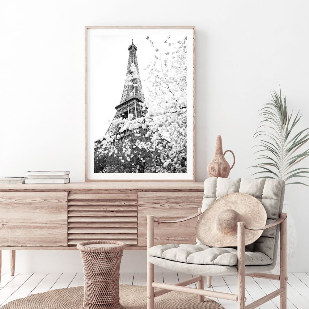 Black and White Eiffel Tower in Spring Wall Art Photograph Print or Canvas Framed or Unframed for an Office Wall by Beautiful Home Decor