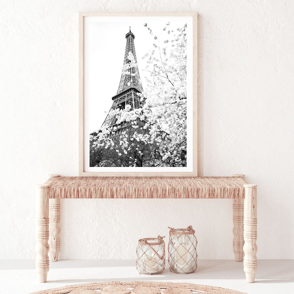 Black and White Eiffel Tower in Spring Wall Art Photograph Print or Canvas Framed or Unframed Wall in Hallway Beautiful Home Decor