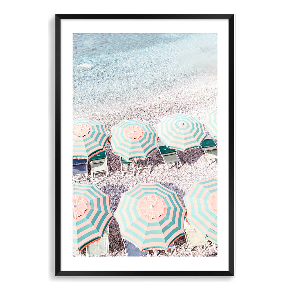Blue and White Striped Umbrellas Amalfi Coast Wall Art Photograph Print or Canvas Black Framed or Unframed Beautiful Home Décor