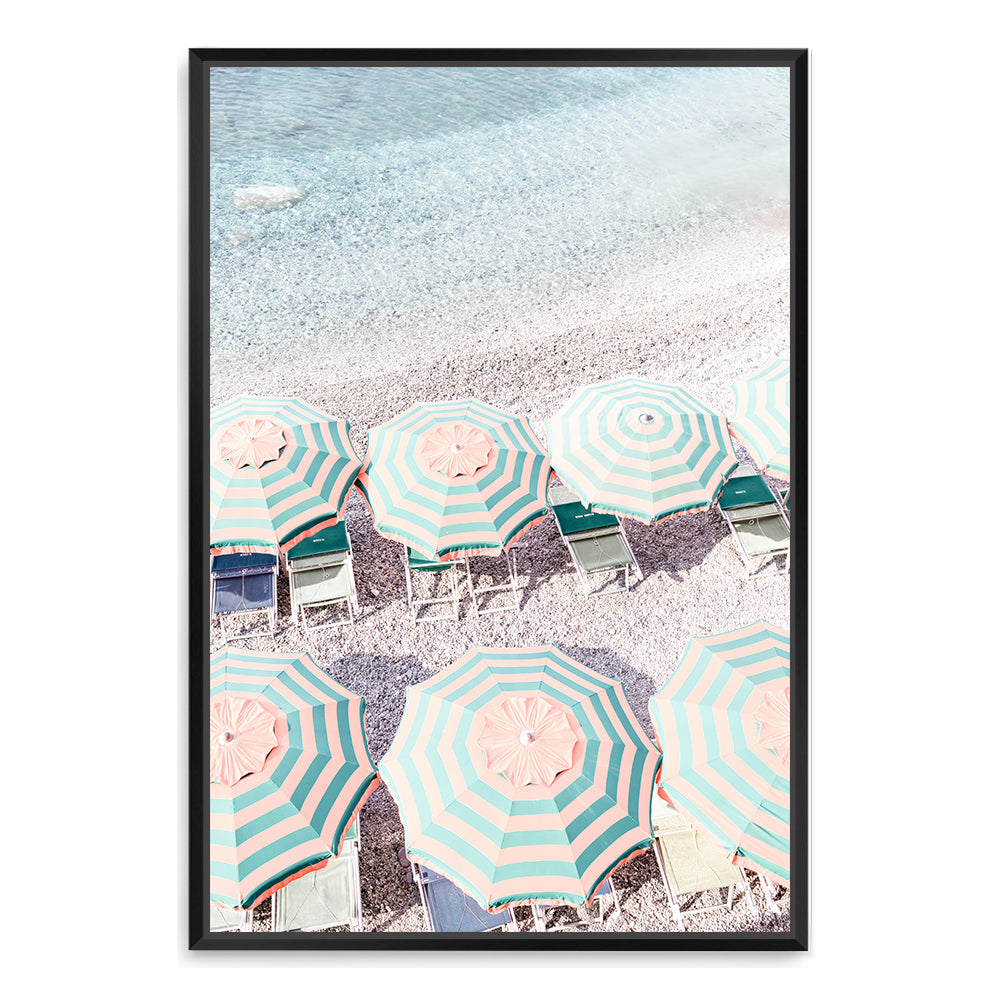 Blue and White Striped Umbrellas Amalfi Coast Wall Art Photograph Print or Canvas Framed Black or Unframed by Beautiful Home Decor