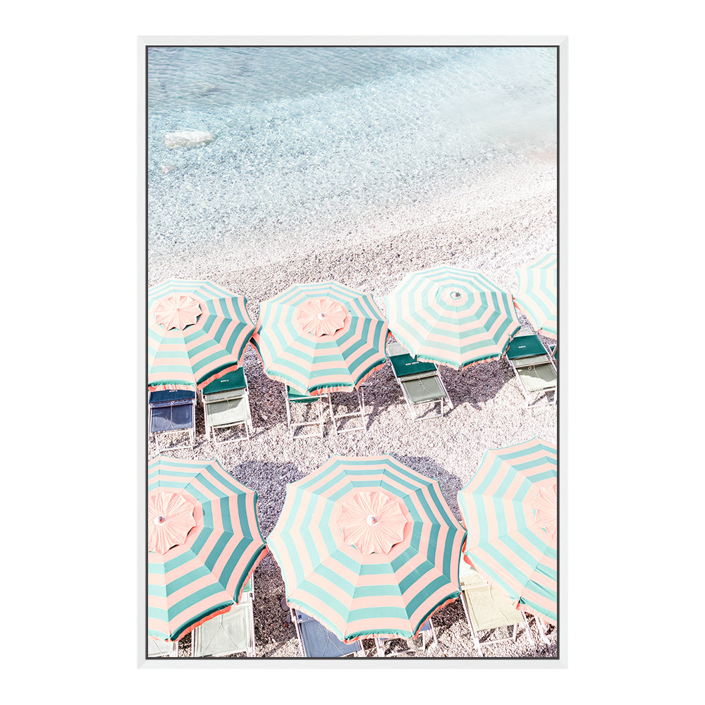 Blue and White Striped Umbrellas Amalfi Coast Wall Art Photograph Print or Canvas Framed White or Unframed by Beautiful Home Decor
