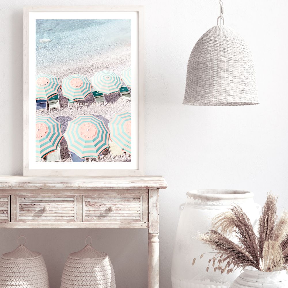 Blue and White Striped Umbrellas Amalfi Coast Wall Art Photograph Print or Canvas Framed or Unframed on a Console Table Wall by Beautiful Home Decor