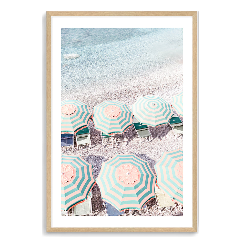 Blue and White Striped Umbrellas Amalfi Coast Wall Art Photograph Print or Canvas Timber Framed or Unframed by Beautiful Home Decor