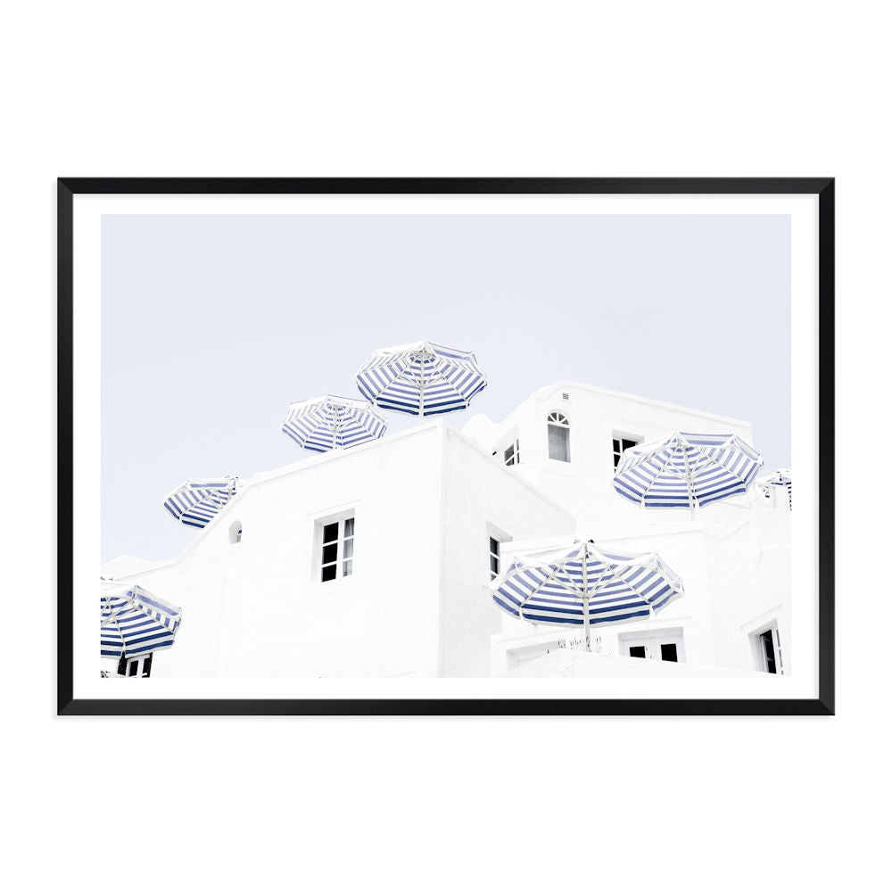 Blue and White Umbrellas in Santorini Greece Wall Art Photograph Print or Canvas Black Framed or Unframed by Beautiful Home Decor