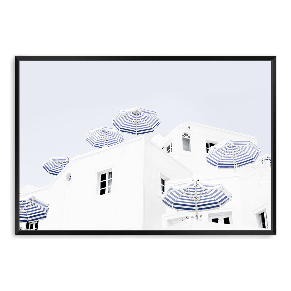 Blue and White Umbrellas in Santorini Greece Wall Art Photograph Print or Canvas Framed Black or Unframed by Beautiful Home Decor