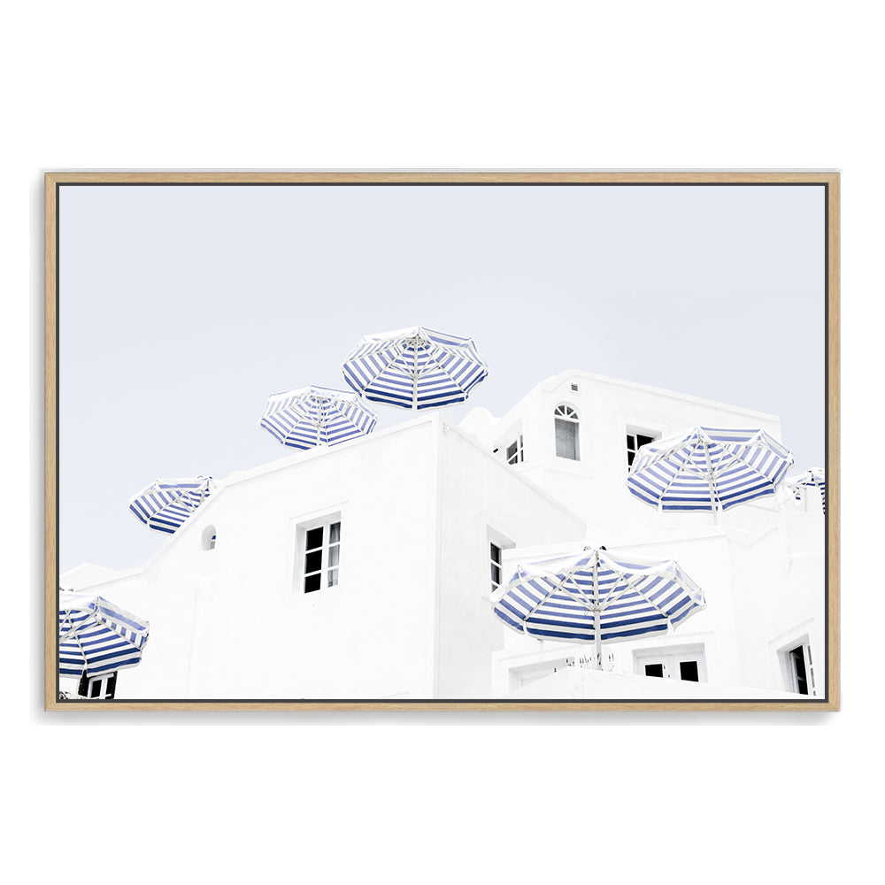 Blue and White Umbrellas in Santorini Greece Wall Art Photograph Print or Canvas Framed Timber or Unframed by Beautiful Home Decor