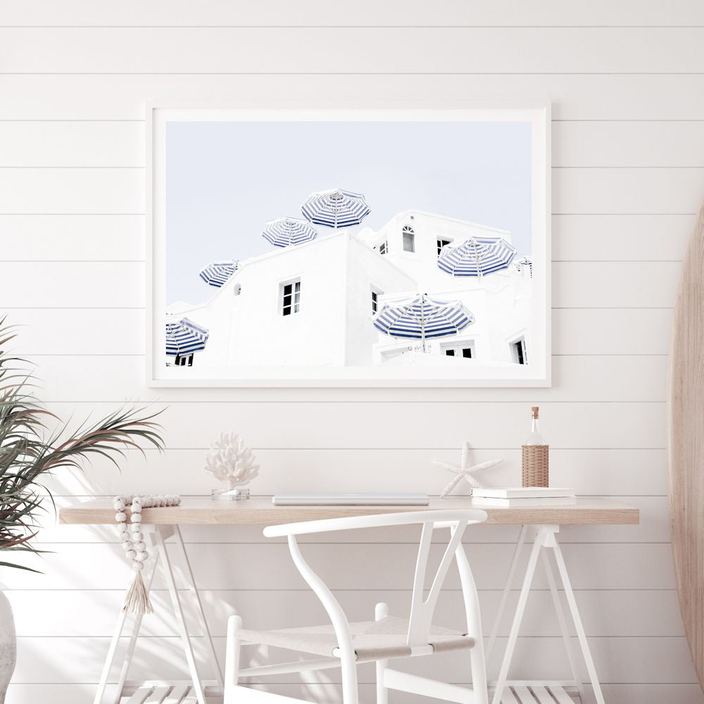 Blue and White Umbrellas in Santorini Greece Wall Art Photograph Print or Canvas Framed or Unframed for a Dining Room Wall by Beautiful Home Decor
