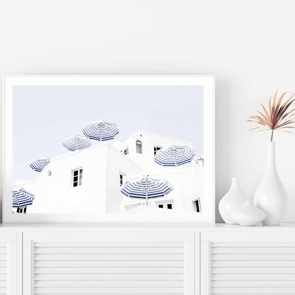 Blue and White Umbrellas in Santorini Greece Wall Art Photograph Print or Canvas Framed or Unframed by a TV Unit by Beautiful Home Decor