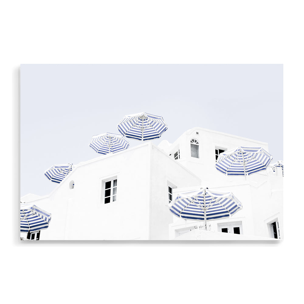 Blue and White Umbrellas in Santorini Greece Wall Art Photograph Print or Canvas Not Framed or Unframed by Beautiful Home Decor