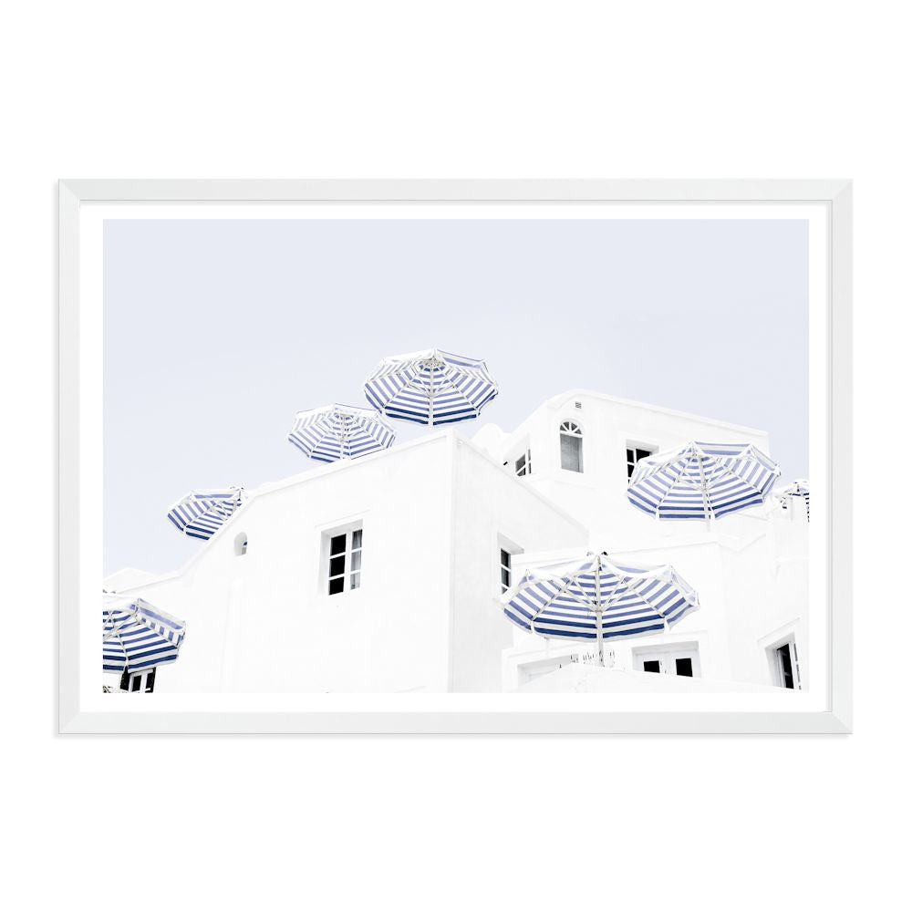 Blue and White Umbrellas in Santorini Greece Wall Art Photograph Print or Canvas White Framed or Unframed by Beautiful Home Decor