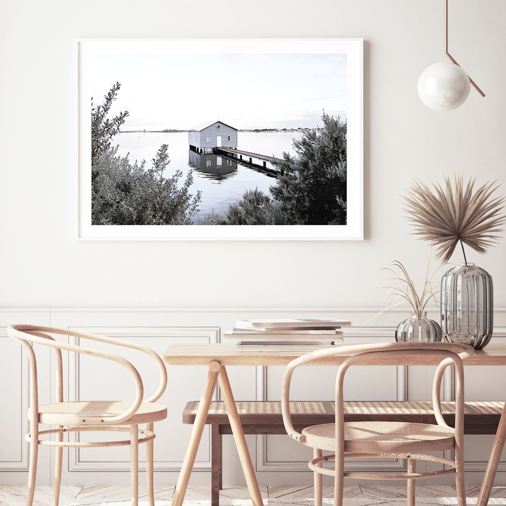 This artwork features a blue boat shedand lake in Perth Australia, available in framed or unframed poster print and stretched canvas.