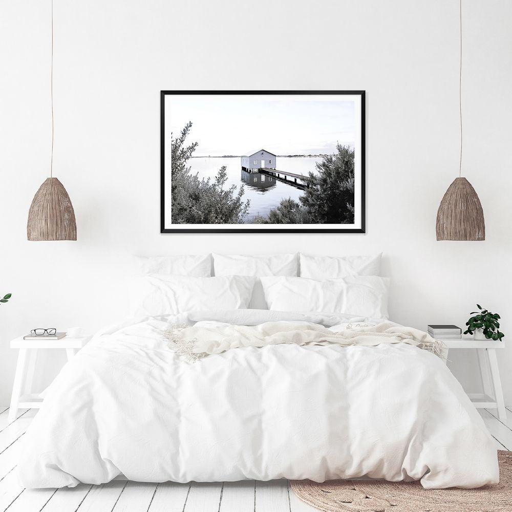 This wall art prints features a blue boat shed and lake in Perth Australia, available in unframed or framed poster print and stretched canvas.