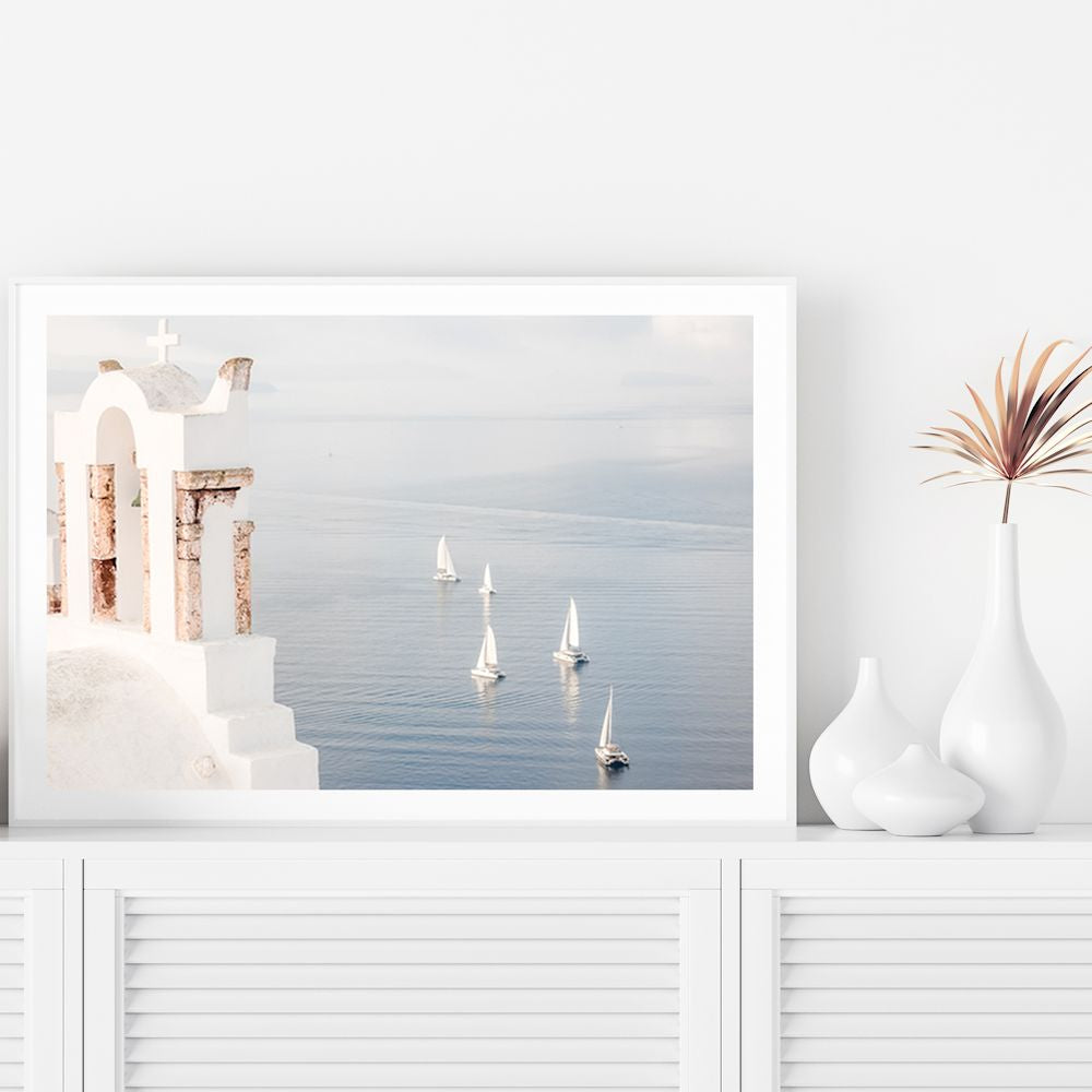 Boats in Santorini Greece Wall Art Photograph Print or Canvas Framed or Unframed by a TV Unit by Beautiful Home Decor