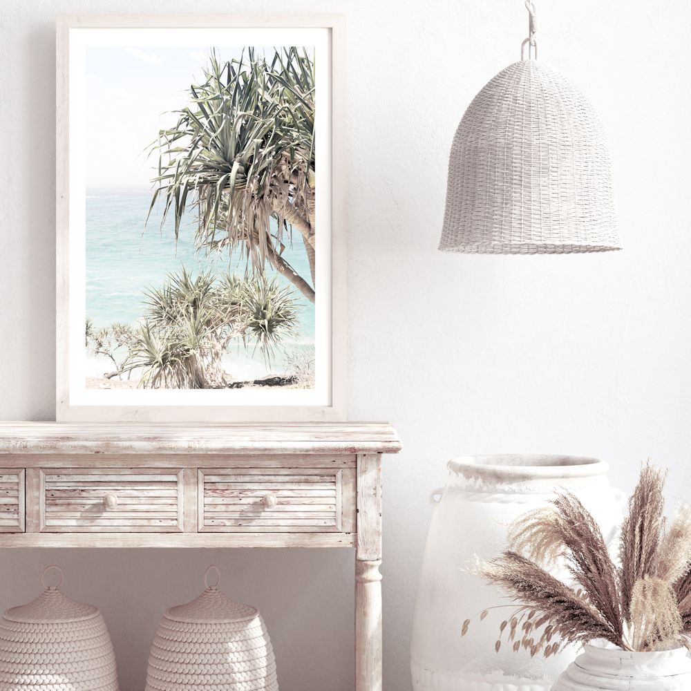 Byron Bay Sea View Wall Art Photograph Print or Canvas Framed or Unframed next to a Hallway Table by Beautiful Home Decor
