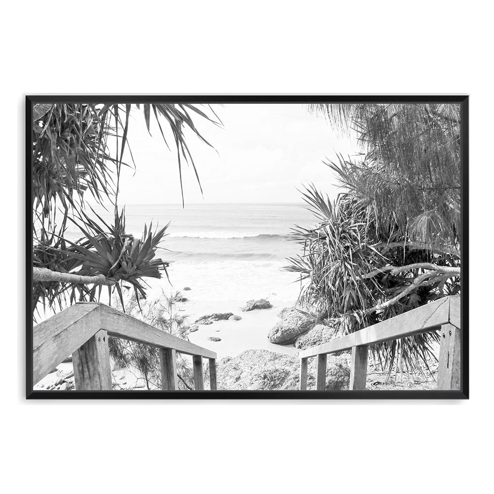 Byron Bay Watego Beach Stairs Black and White Wall Art Photograph Print or Canvas Framed Black or Unframed by Beautiful Home Decor