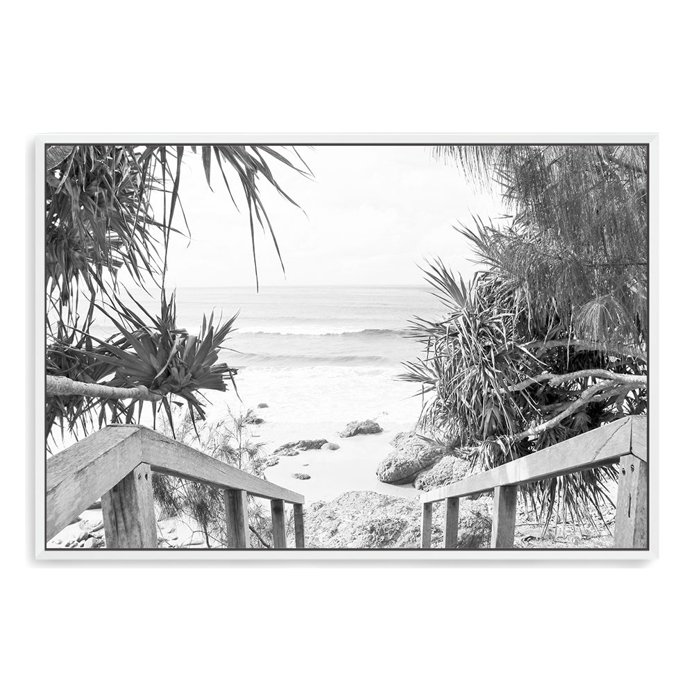 Byron Bay Watego Beach Stairs Black and White Wall Art Photograph Print or Canvas Framed White or Unframed by Beautiful Home Decor