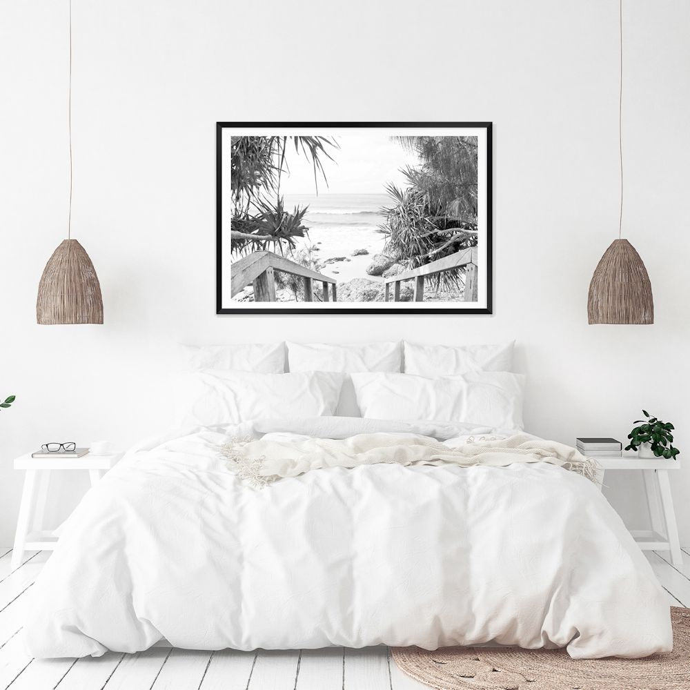 Byron Bay Watego Beach Stairs Black and White Wall Art Photograph Print or Canvas Framed or Unframed Bedroom Wall by Beautiful Home Decor