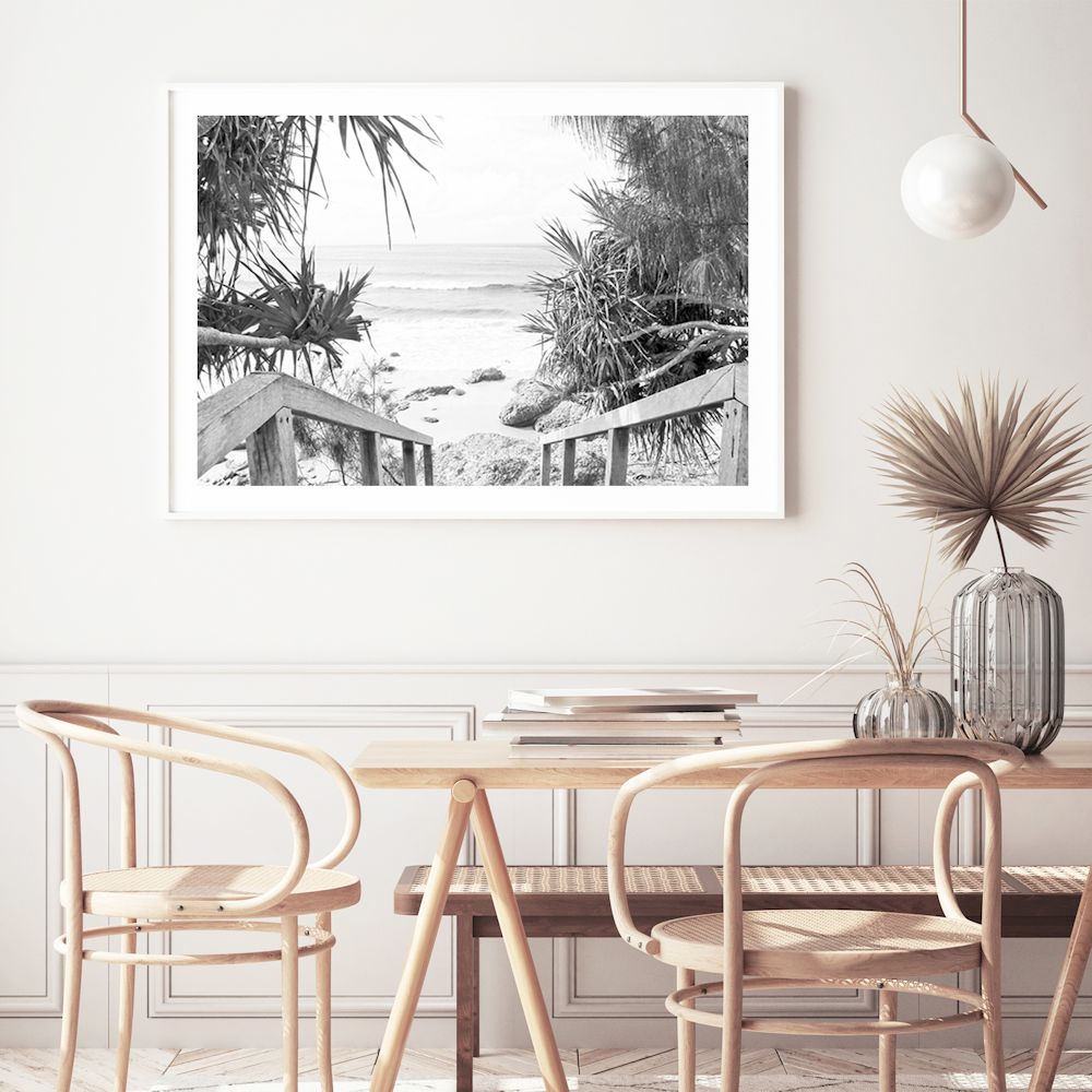 Byron Bay Watego Beach Stairs Black and White Wall Art Photograph Print or Canvas Framed or Unframed for a  Dining Room by Beautiful Home Decor