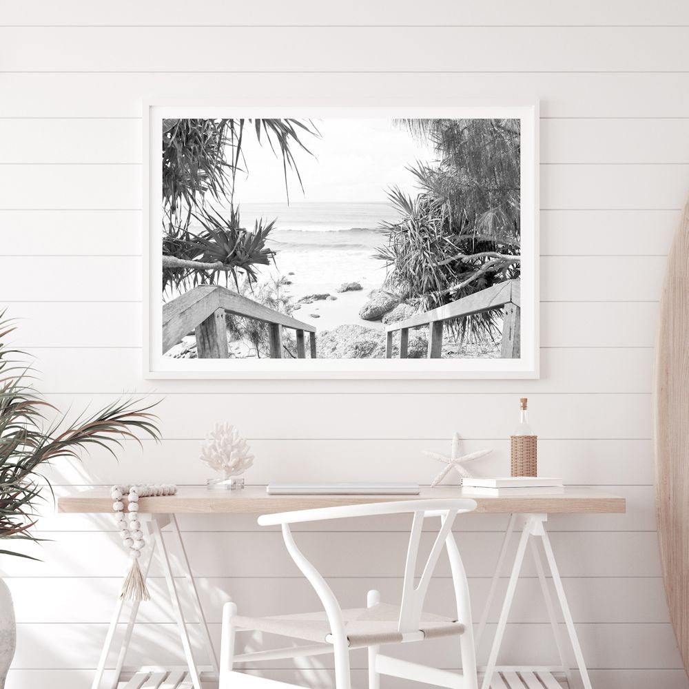 Byron Bay Watego Beach Stairs Black and White Wall Art Photograph Print or Canvas Framed or Unframed for a Dining Room Wall by Beautiful Home Decor