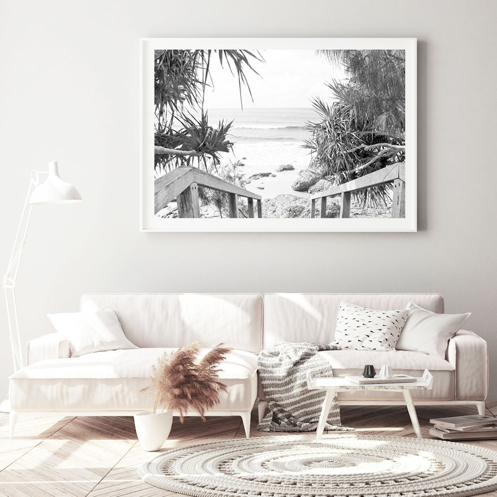 Byron Bay Watego Beach Stairs Black and White Wall Art Photograph Print or Canvas Framed or Unframed for a Living Room by Beautiful Home Decor