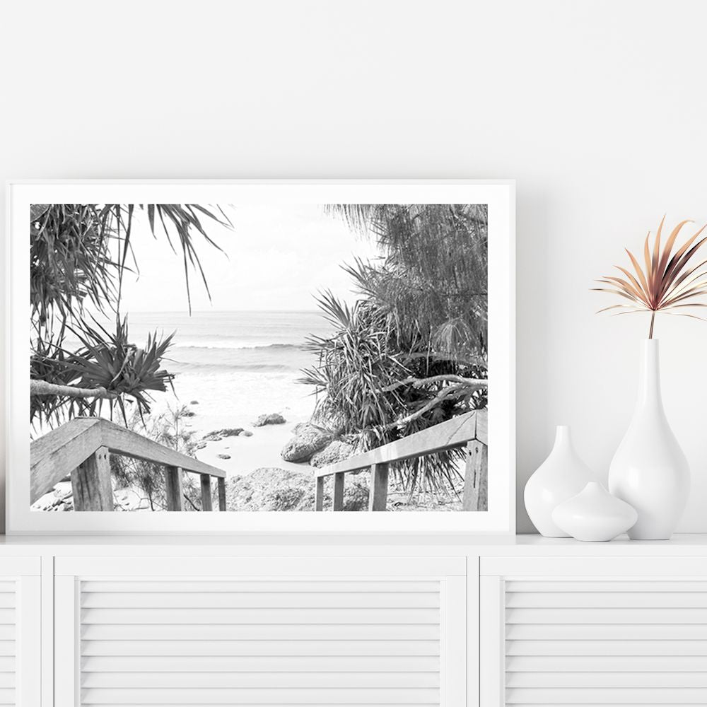 Byron Bay Watego Beach Stairs Black and White Wall Art Photograph Print or Canvas Framed or Unframed by a TV Unit by Beautiful Home Decor