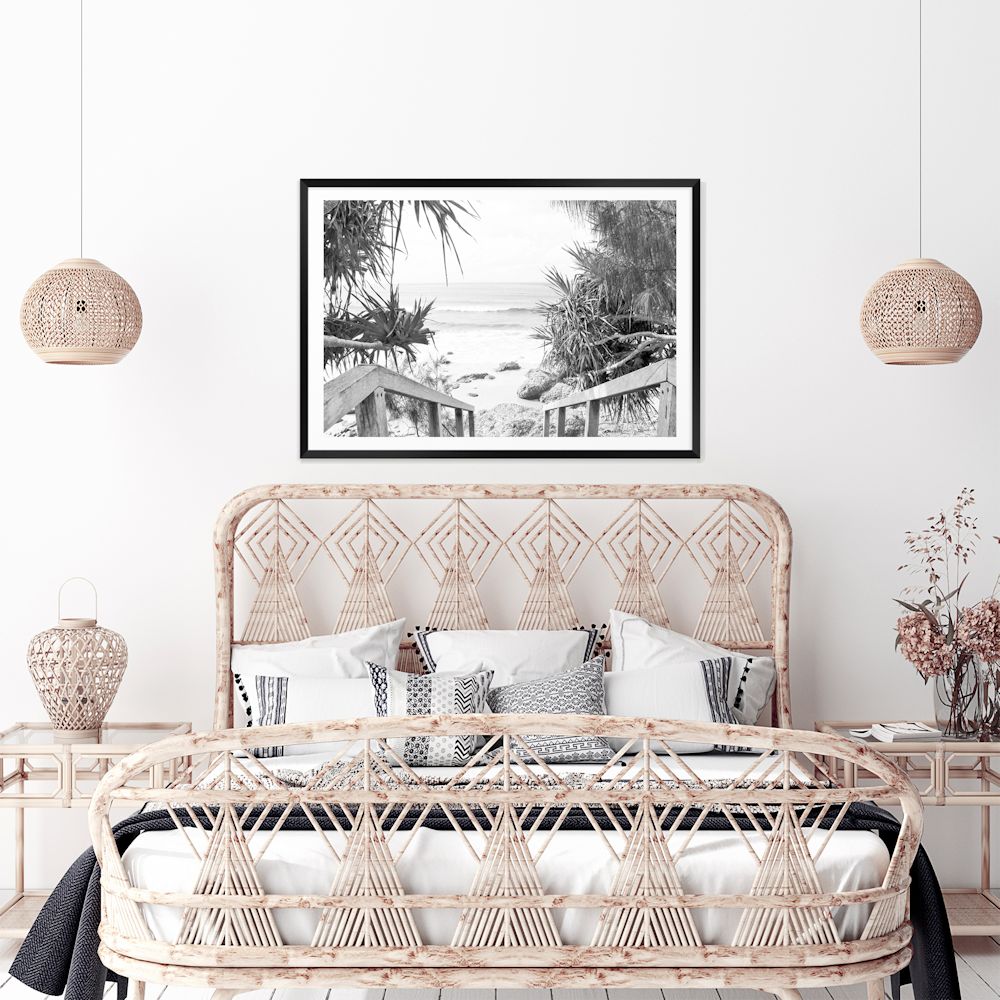 Byron Bay Watego Beach Stairs Black and White Wall Art Photograph Print or Canvas Framed or Unframed Wall Above Bed Beautiful Home Decor
