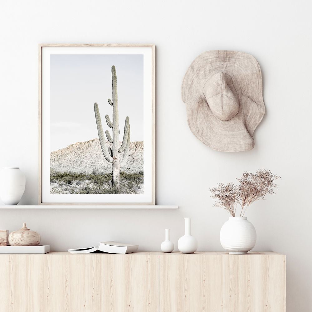 Californian Desert Cactus Wall Art Photograph Print or Canvas Framed or Unframed next to a Console Table by Beautiful Home Decor