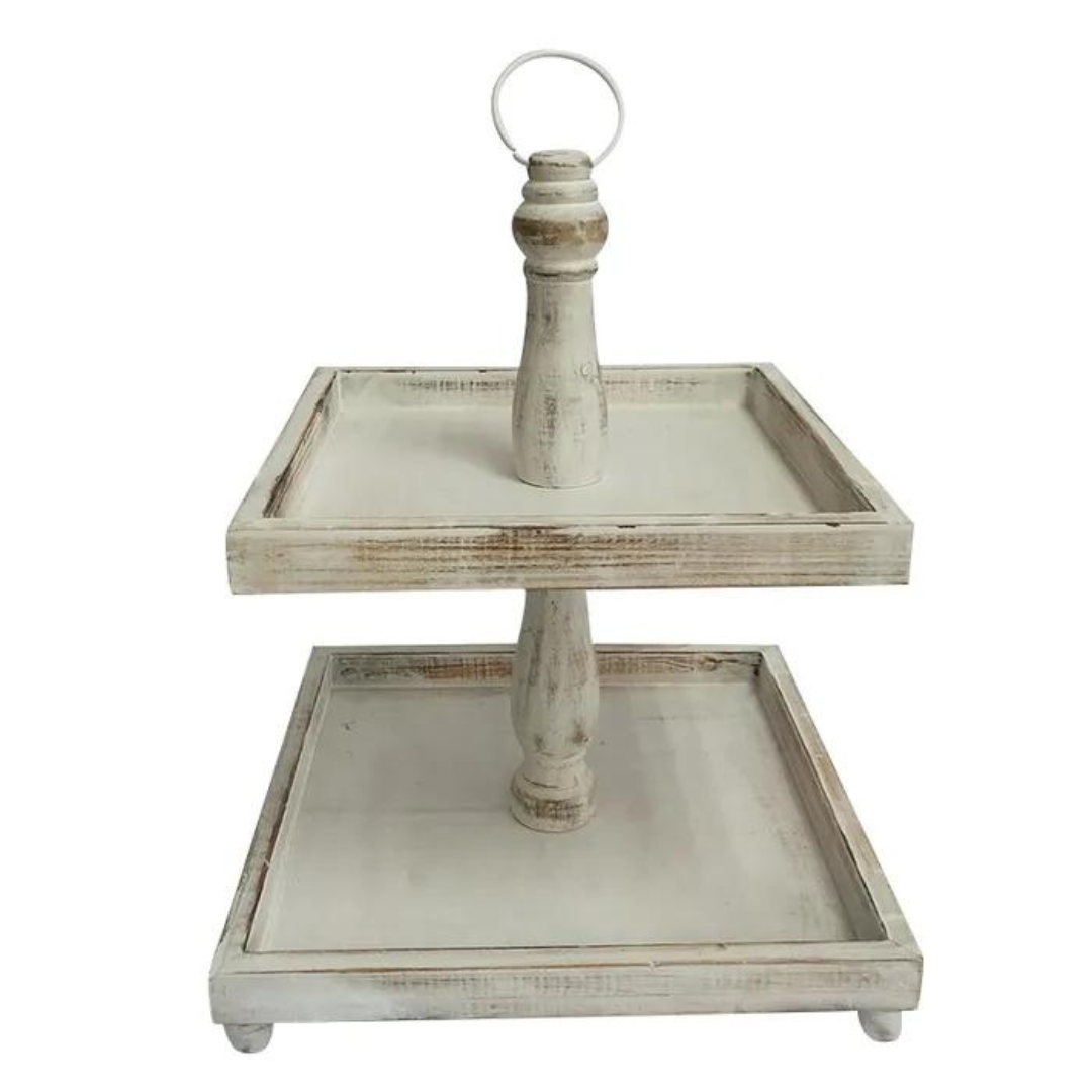 Cape 2 Tier Square Stand White Wash 41.5cm Cup Cake Christmas Decorative Tray