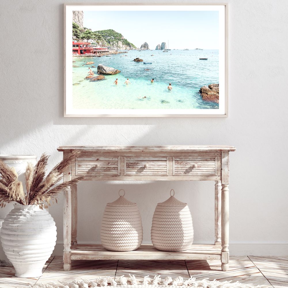 Capri Beach Amalfi Coast Wall Art Photograph Print or Canvas Framed or Unframed in a Hallway by Beautiful Home Decor
