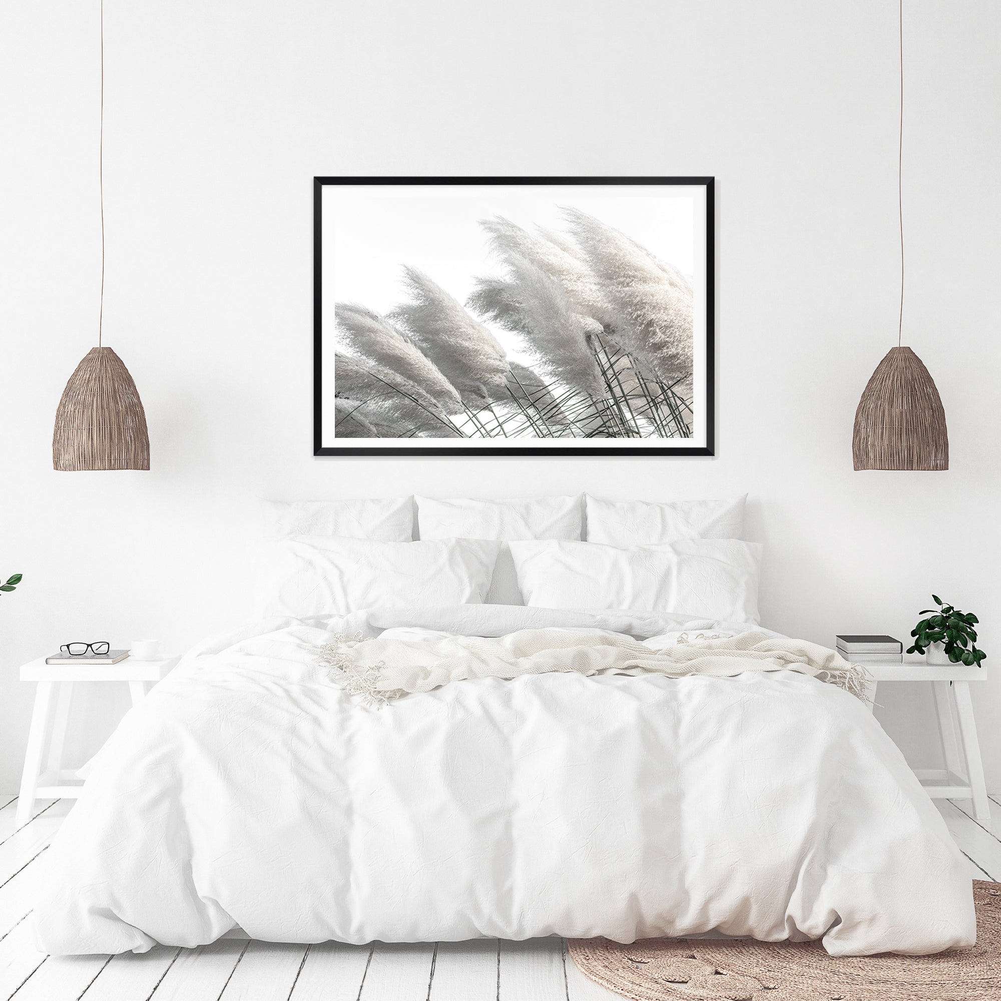 A beautiful Hamptons stretched canvas artwork featuring pampas grass in neutral tones available framed or unframed.