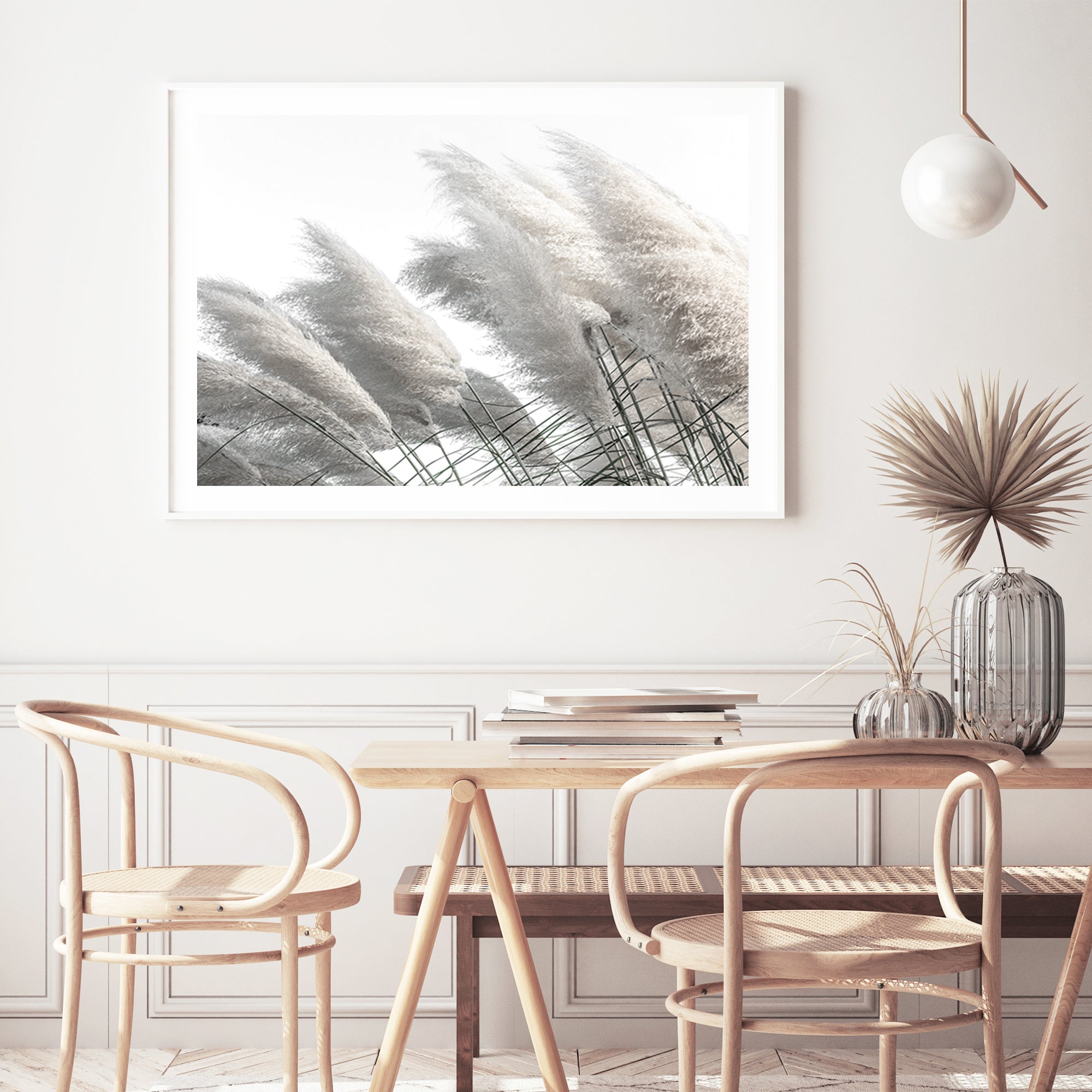 A Hamptons stretched canvas artwork featuring pampas grass in neutral tones available with or without a timber, black or white frame.