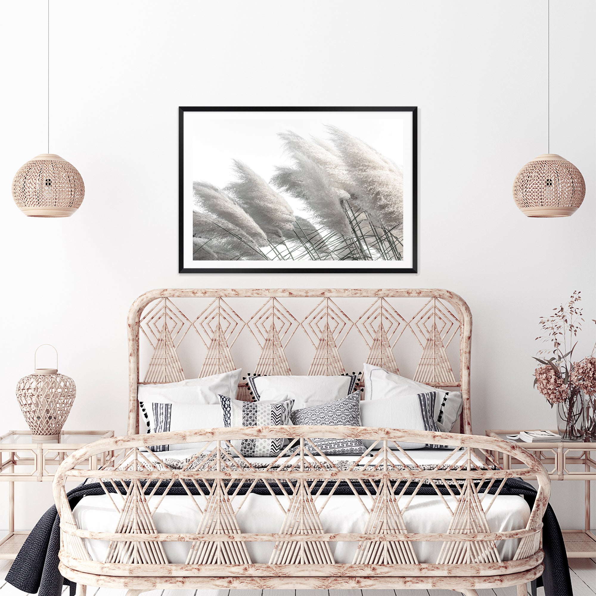 Shop Online a Hamptons stretched canvas artwork of pampas grass in neutral tones available framed or unframed in timber, black or white frames.