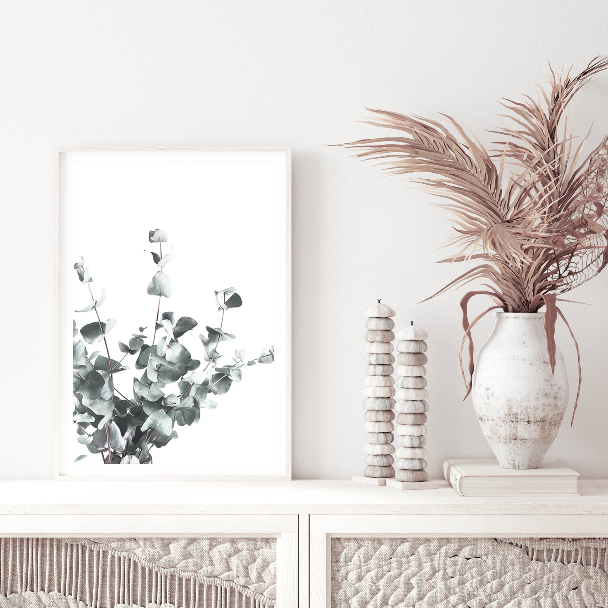 Eucalyptus leaves (A) with a neutral light background is featured in this artwork, available in canvas and print, unframed and framed.