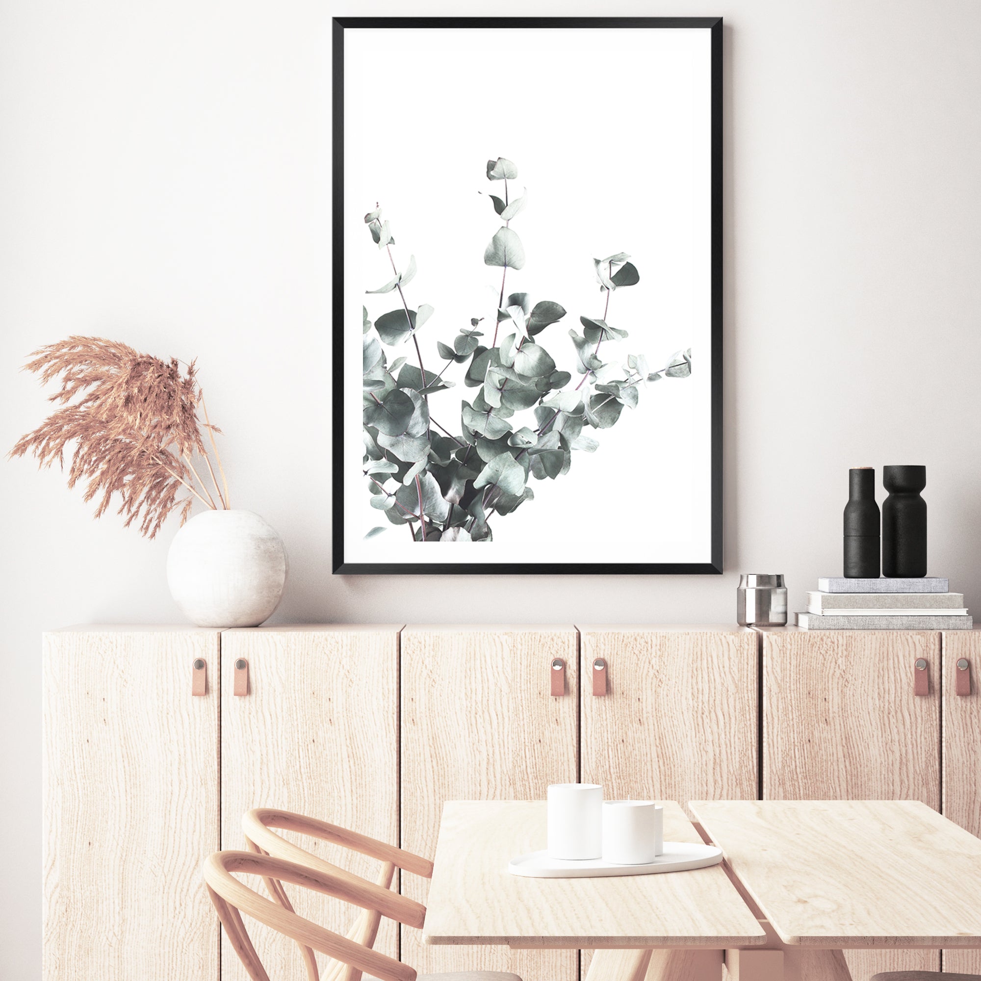 Eucalyptus leaves (A) with a light background is featured in this artwork, available in canvas and print, unframed and framed.