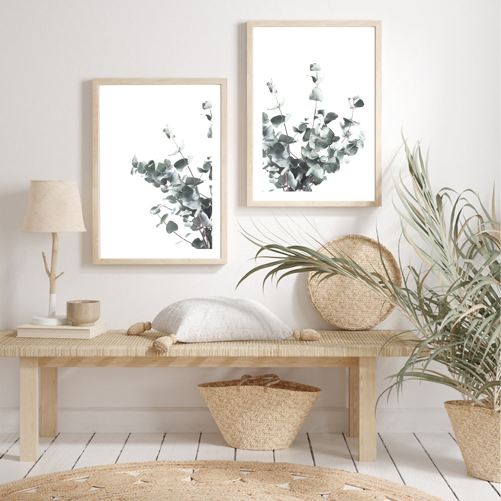 This set of two wall art prints featuring eucalyptus leaves with a neutral background, unframed, is very popular.