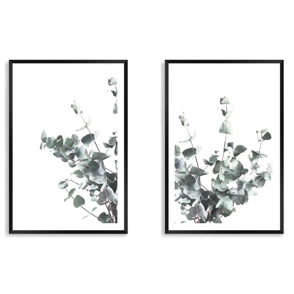 A popular artwork set of 2 photo prints featuring eucalyptus leaves with a neutral background, available unframed. 