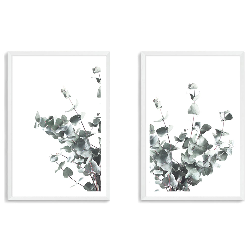 Available in various sizes is this set of two wall art prints featuring eucalyptus leaves with a neutral background.
