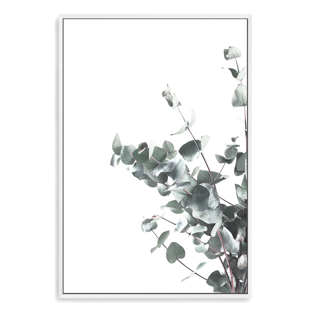 Eucalyptus leaves (B) with a neutral light background is featured in this wall art, available in canvas and print, unframed and framed.