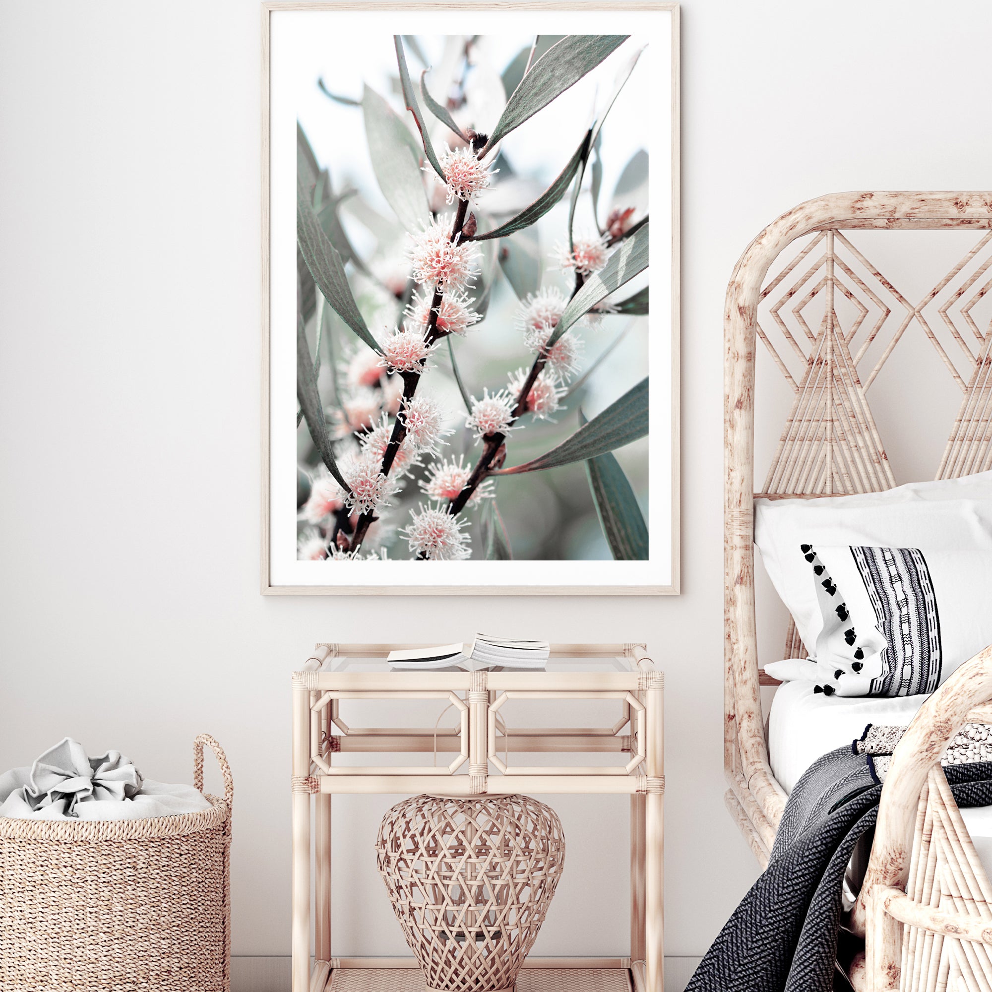 An unframed or framed artwork of eucalytpus pink wild flowers and green leaves with branches in the background on canvas or photo wall art print.  