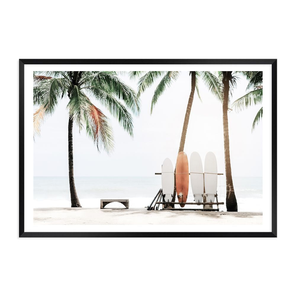 Hawaii Tropical Beach with Surf Boards Wall Art Photograph Print or Canvas Black Framed or Unframed Beautiful Home Decor