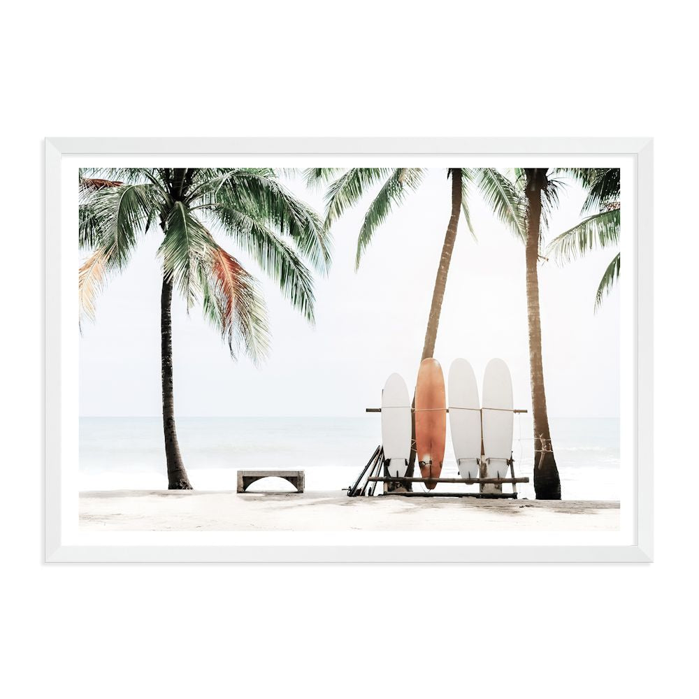 Hawaii Tropical Beach with Surf Boards Wall Art Photograph Print or Canvas white Framed or Unframed Beautiful Home Decor