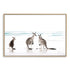 A unframed or framed Hamptons artwork featuring three kangaroos enjoying some time on the beach, available in natural timber, black or white frames.