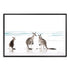 A coastal art print of three kangaroos enjoying some time on the beach, available in natural timber, black or white frames.