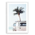 An artwork of a blue Kombi van at the beach with a blue sky and palm trees, available in canvas or photo print.