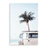 A canvas wall art print featuring a blue Kombi van at the beach with a blue sky and palm trees, available in framed or unframed prints.