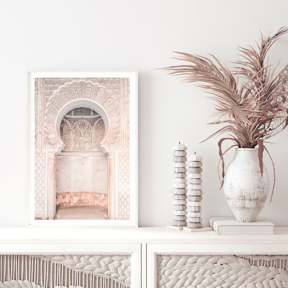 A beautiful pink Moroccan Temple Archway Wall Art Photographic Print or Canvas Framed or Unframed by Beautiful Home Decor