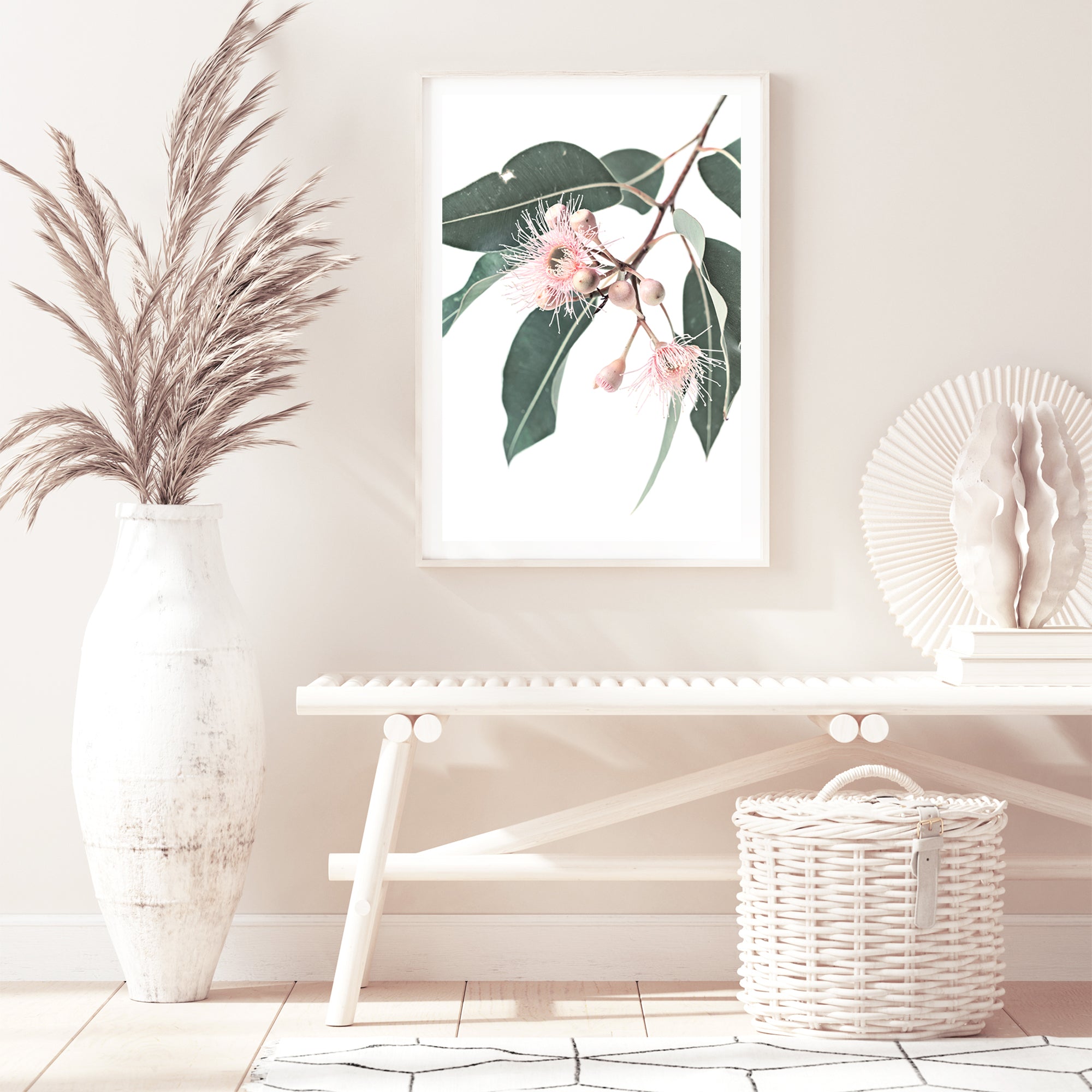 An artwork of pink eucalyptus wild flowers and green leaves with a neutral background on canvas or photo wall art print  of a native gum eucalyptus flower a wall art.