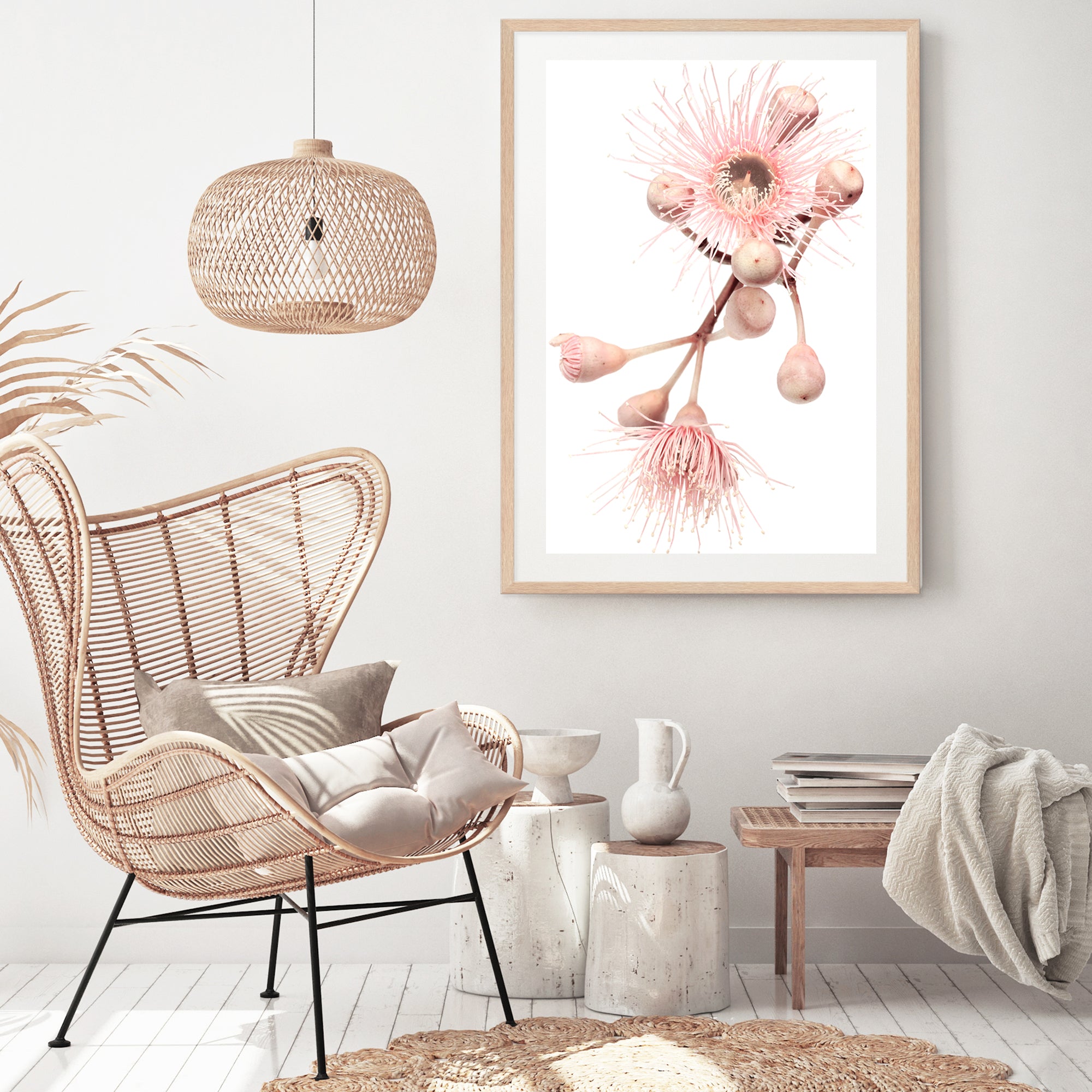 An artwork of green leaves and pink eucalyptus wild flowers with a neutral background on canvas or photo wall art print.  