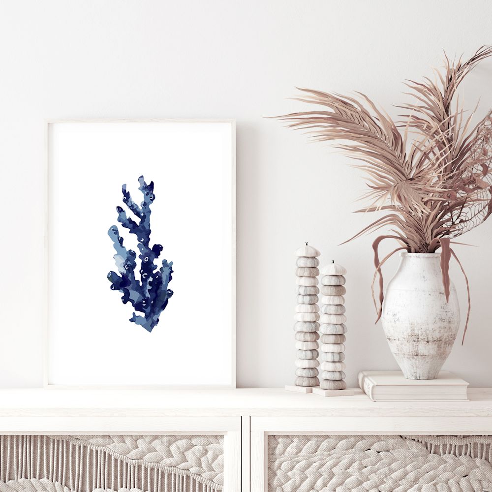 Navy Blue Coral Wall Art Photograph Print or Canvas Framed or Unframed TV Console Beautiful Home Decor