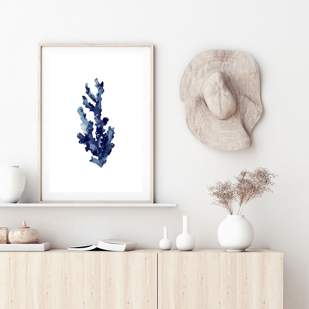 Navy Blue Coral Wall Art Photograph Print or Canvas Framed or Unframed for your coastal hamptons home Beautiful Home Decor